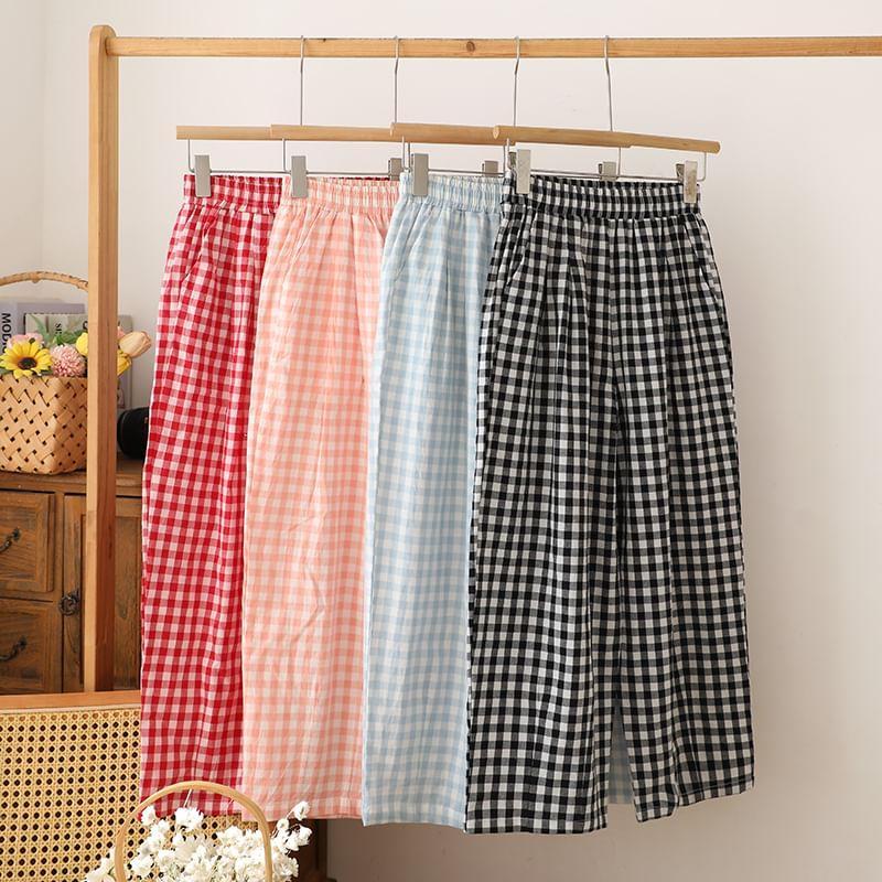 Elastic Waist Gingham Pajama Pants Product Image