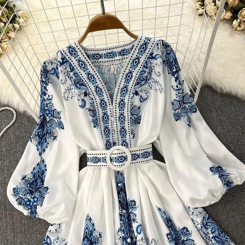 Puff-Sleeve V-Neck Print A-Line Tunic Dress Product Image