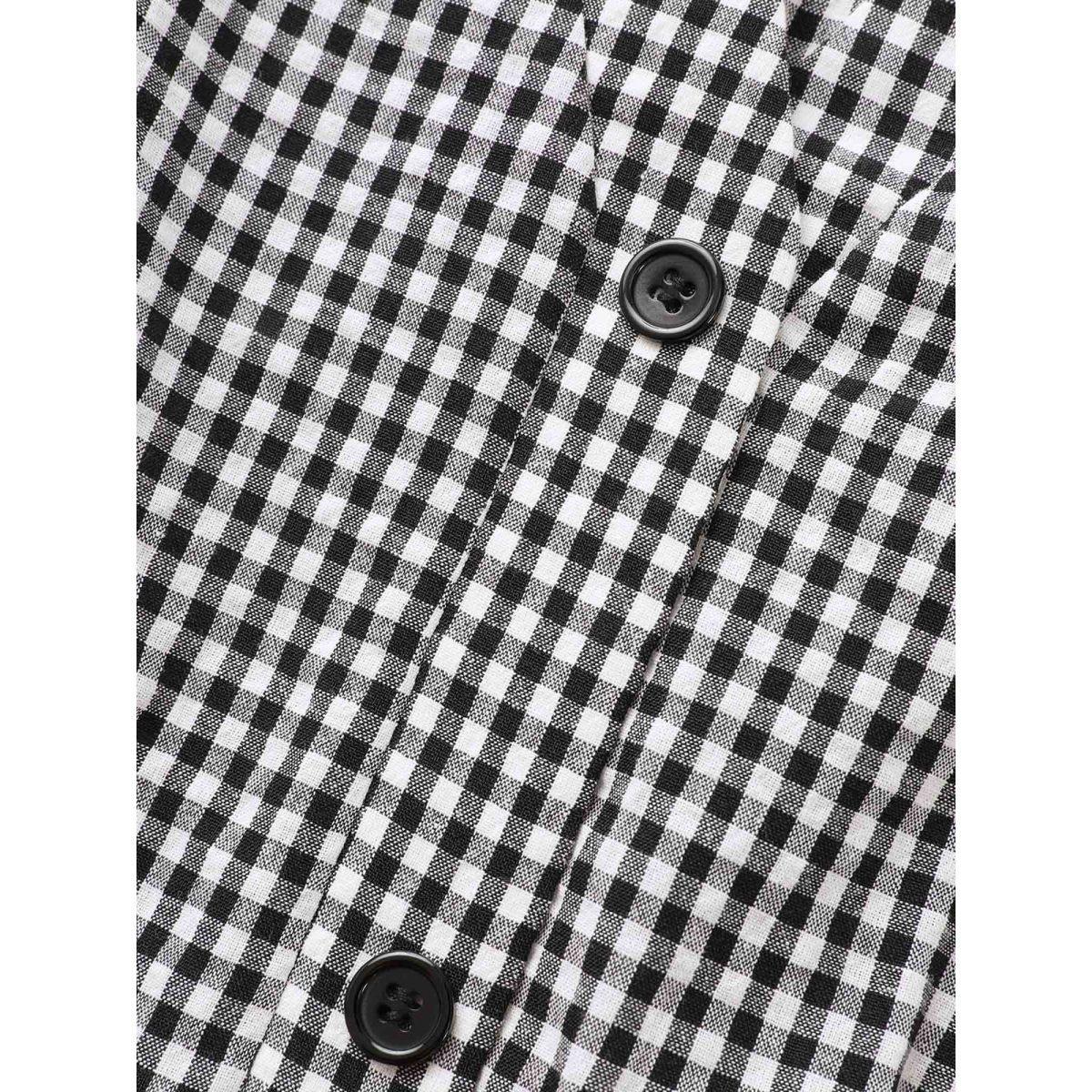 Plus Size Gingham Notched Ruffle Hem Lantern Sleeve Dress Black Women Casual Button Notched collar Elbow-length sleeve Curvy BloomChic 26/4X Product Image
