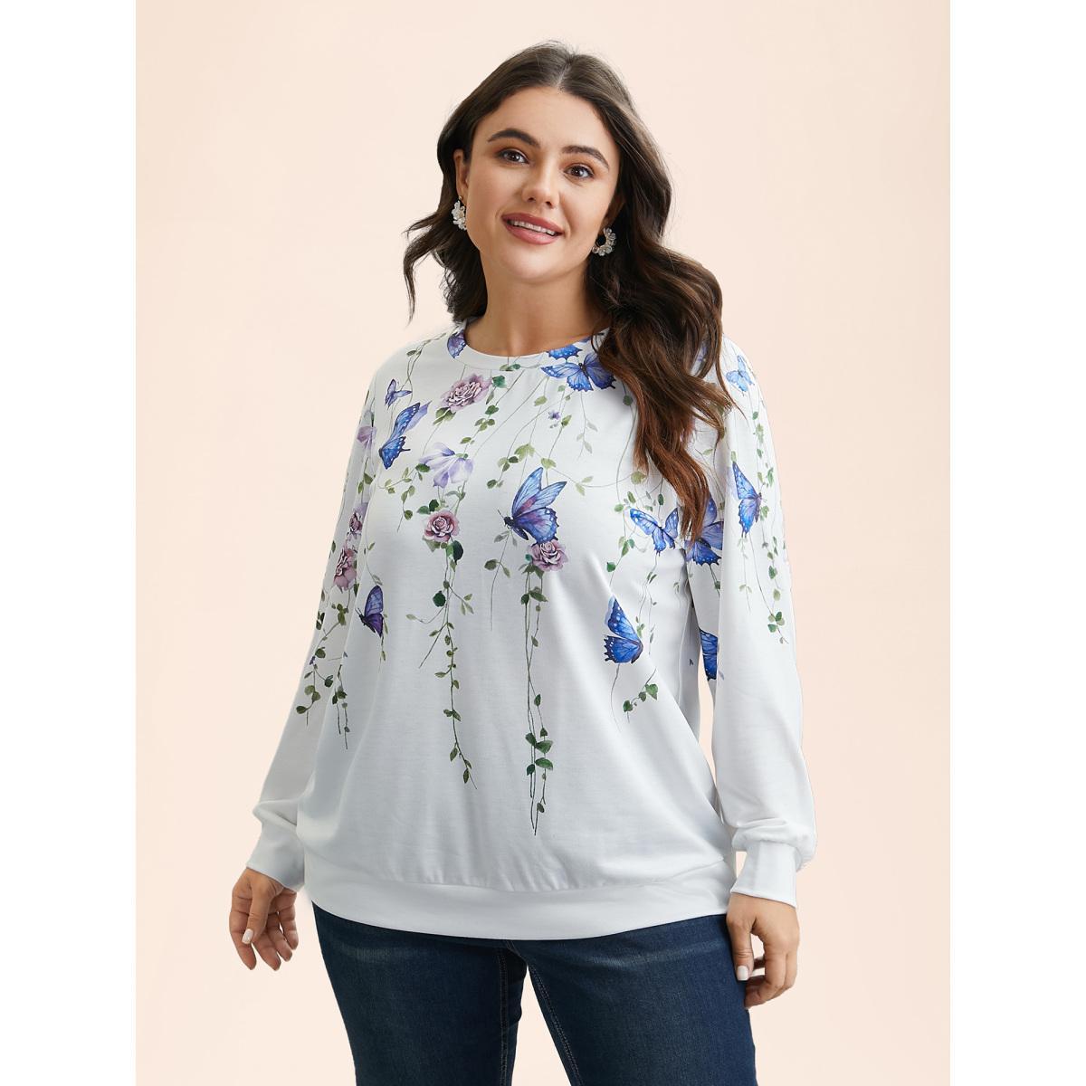 Plus Size Butterfly Print Stretchy Round Neck Sweatshirt Women WhiteSmoke Elegant Non Round Neck Everyday Sweatshirts BloomChic 30/6X Product Image