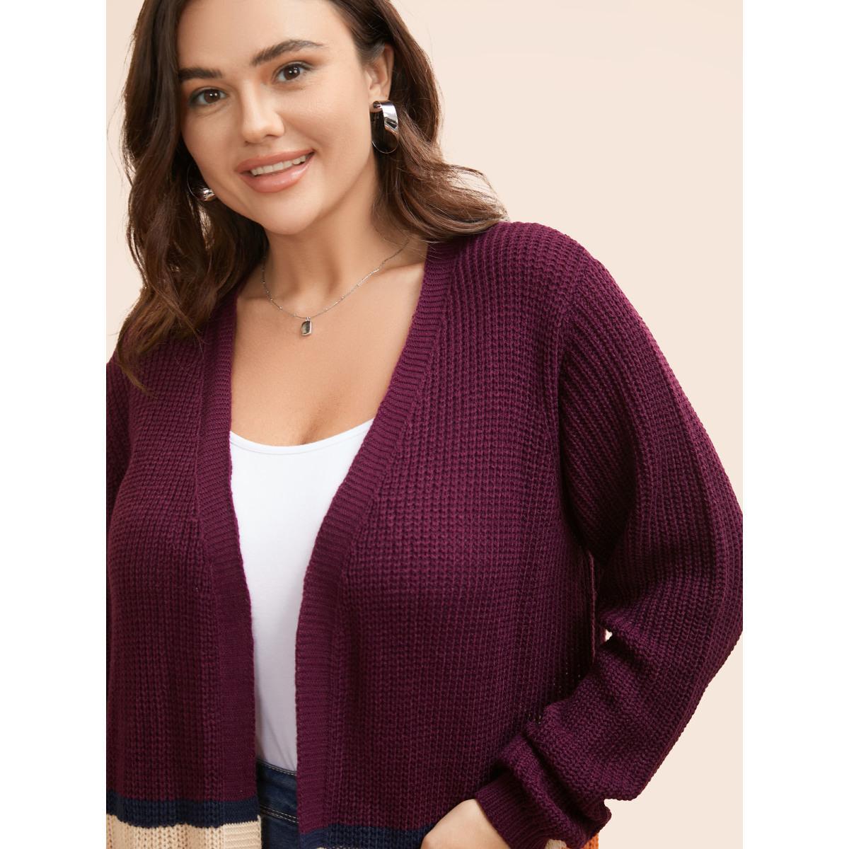 Plus Size Colorblock Contrast Patched Pocket Open Front Cardigan Plum Women Casual Loose Long Sleeve Everyday Cardigans BloomChic 10/M Product Image