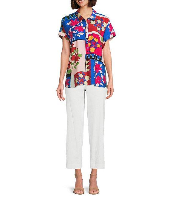 Investments Woven Stamp Patch Short Sleeve Point Collar Partial Button Front Top Product Image