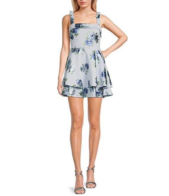 City Vibe Floral Print Envelope Band Square Neck Bow Strap Layered Skater Dress Product Image