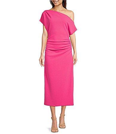 Gibson  Latimer Crepe Knit Asymmetric Neck One Shoulder Off-the-Shoulder Short Sleeve Ruched Sheath Midi Dress Product Image