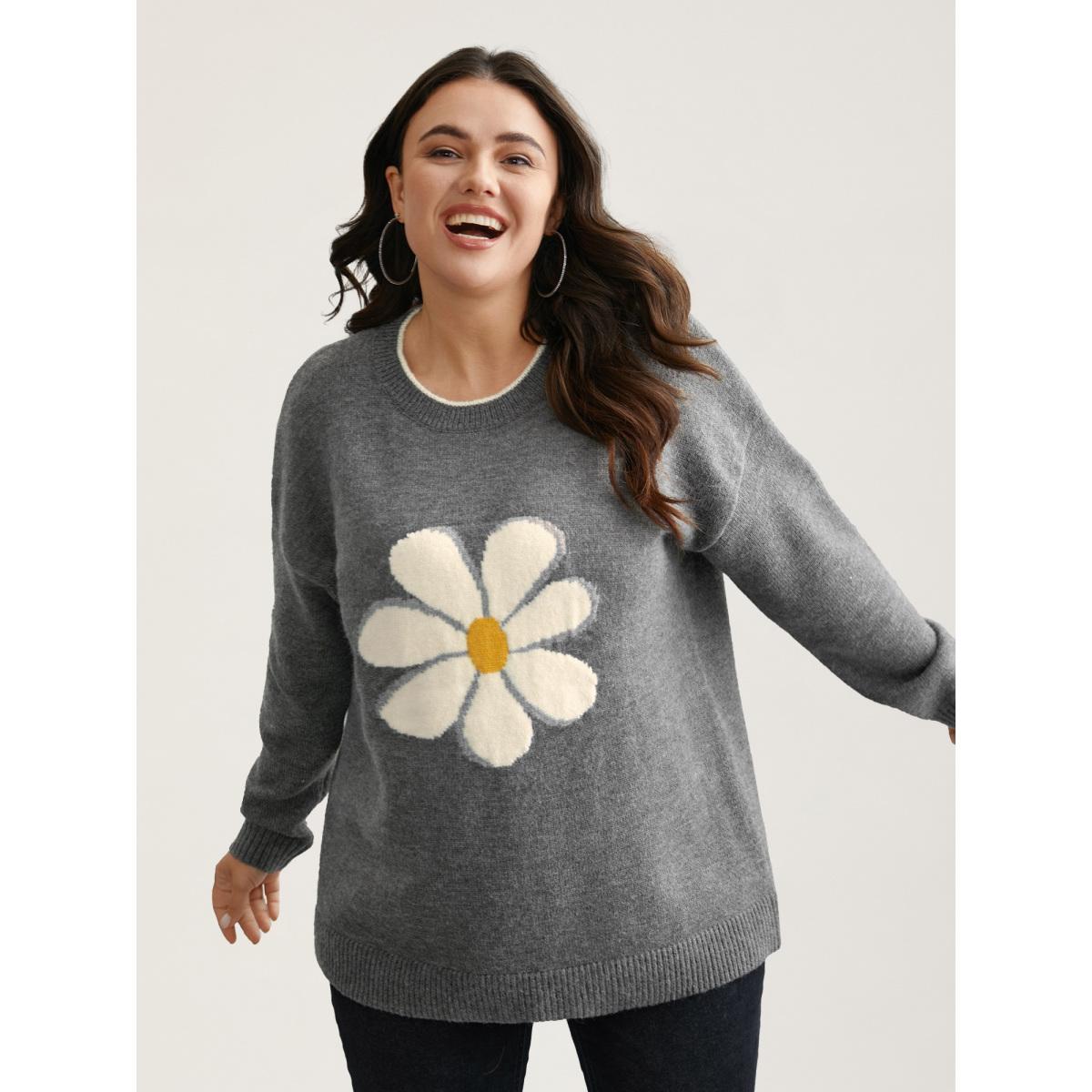 Plus Size Floral Textured Crew Neck Pullover ArmyGreen Women Casual Loose Long Sleeve Round Neck Everyday Pullovers BloomChic 10/M Product Image