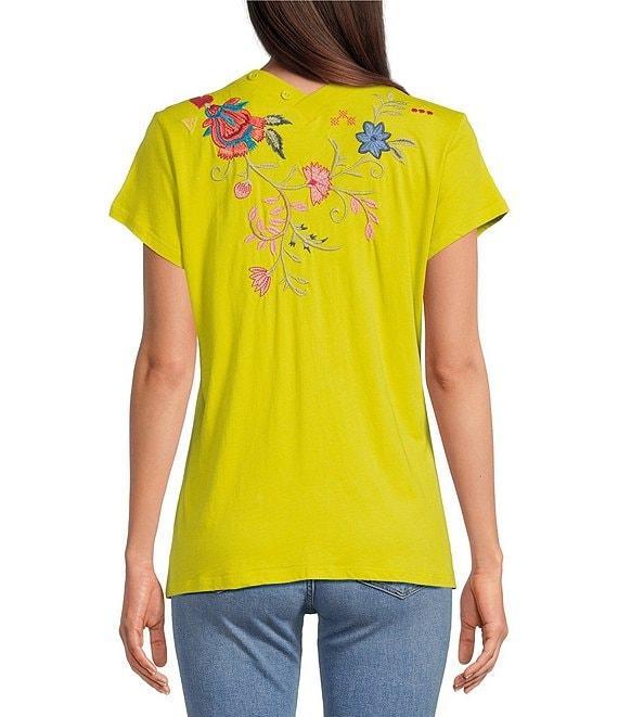 JOHNNY WAS Georgia Floral Embroidered Cotton Knit Button Detail V-Neck Short Sleeve Tee Product Image