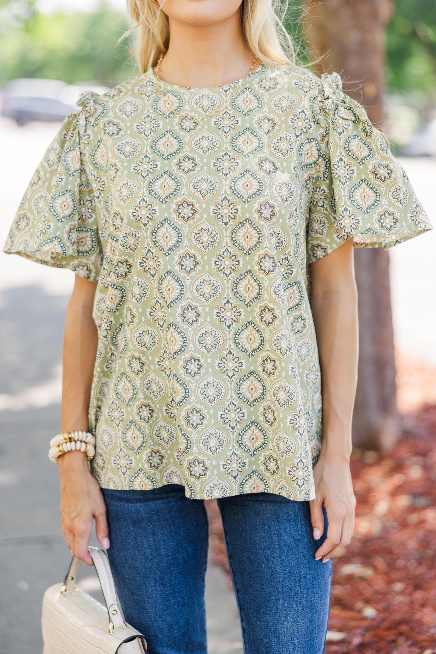 How I Feel Sage Green Medallion Blouse Female Product Image