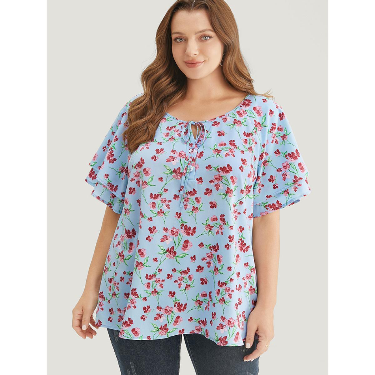 Plus Size LightBlue Ditsy Floral Keyhole Knot Neck Tiered Sleeve Blouse Women Elegant Short sleeve Round Neck Dailywear Blouses BloomChic 22-24/3X Product Image