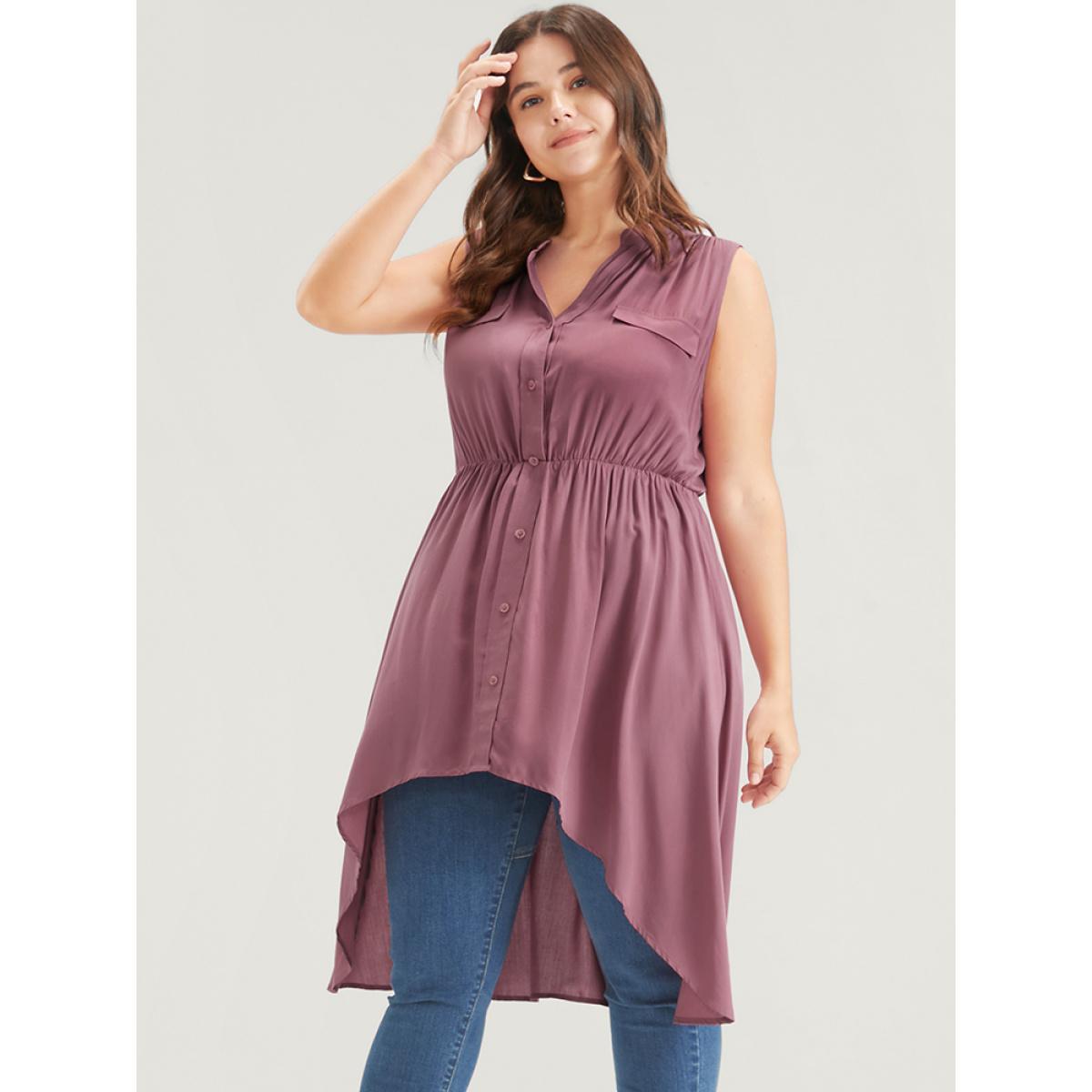 Plus Size DustyPink Solid Gathered Button High Low Hem Fake Pocket Tank Top Women Elegant Sleeveless V-neck Dailywear Blouses BloomChic 18-20/2X Product Image