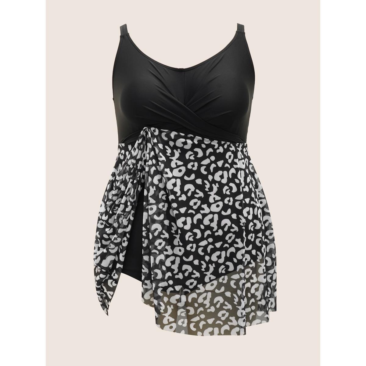 Plus Size Leopard Print Patchwork Heart Neckline Swim Dress Women's Swimwear Black Beach Bodycon U-neck High stretch Curve Swim Dresses BloomChic 14-16/1X Product Image