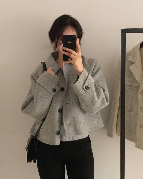 Long Sleeve Collared Plain Button Coat Product Image