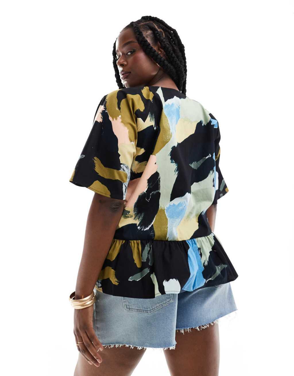 ASOS DESIGN Curve smock tie front top in arty abstract print Product Image