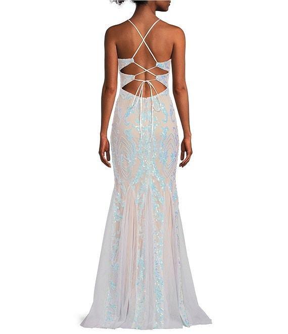 Midnight Doll Placement Iridescent Sequin V-Neck Sleeveless Lace Up Back Godet Dress Product Image