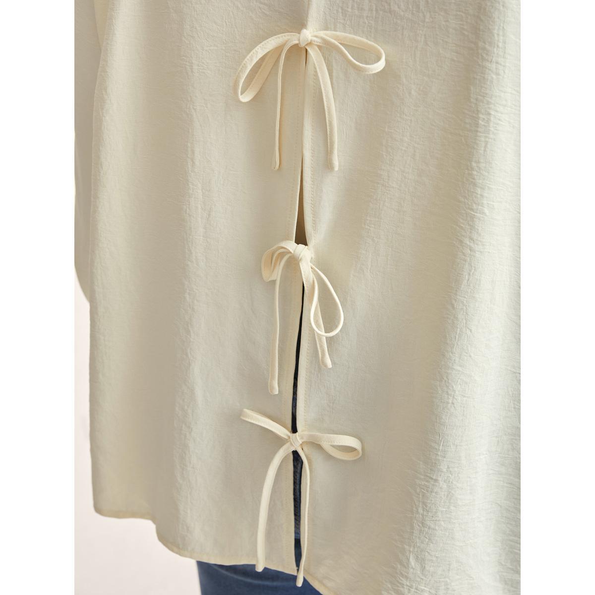 Plus Size Beige Bow Back Button Placket Solid Blouse Women Long Sleeve Shirt collar Everyday-Casual Blouses BloomChic 10/M Product Image