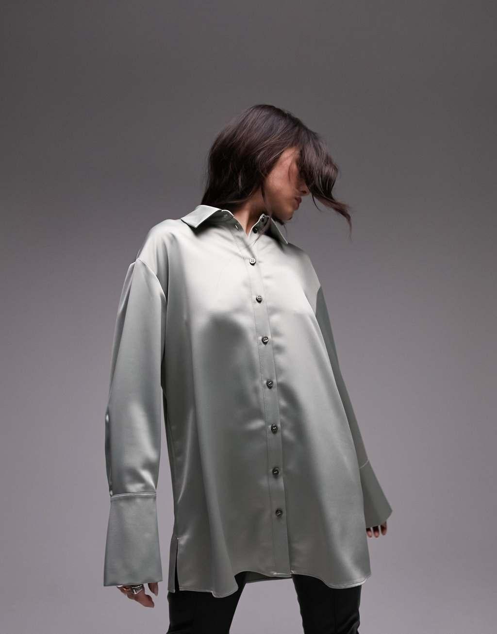 Topshop long sleeve satin shirt in light khaki Product Image