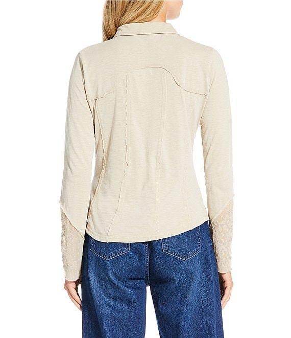 Reba Anissa Point Collar Long Sleeve Embroidered Button Front Top Product Image
