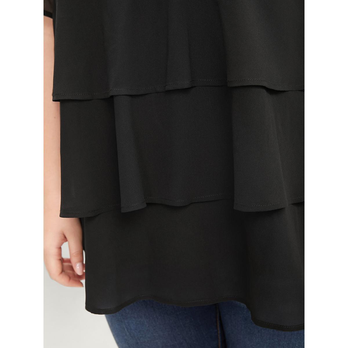 Plus Size Black Plain V Neck Mesh Ruffle Tiered Blouse Women Casual Short sleeve V-neck Dailywear Blouses BloomChic 28/5X Product Image