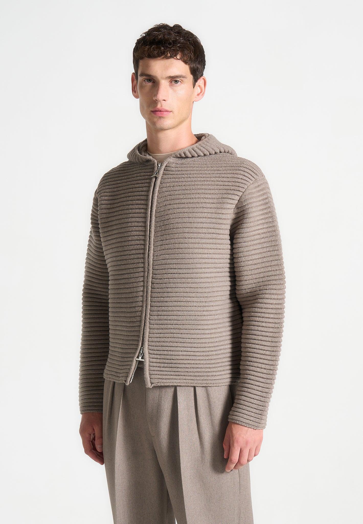 Ribbed Knit Zip Up Hoodie - Taupe Male Product Image