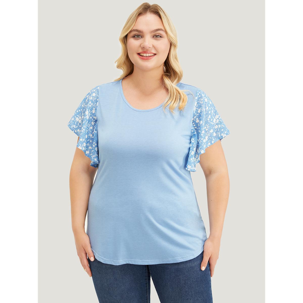Plus Size Ditsy Floral Ruffle Sleeve Round Neck T-shirt Stone Women Elegant Ditsy Floral Everyday T-shirts BloomChic 26/4X Product Image
