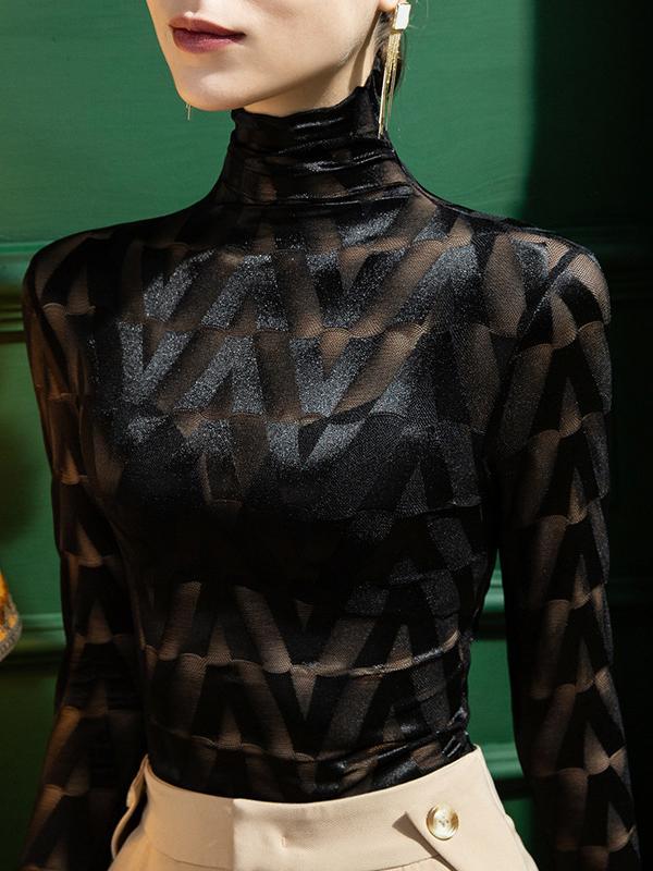 Stylish Skinny Long Sleeves Embroidered Split-Joint Checkered High-Neck T-Shirts Tops Product Image