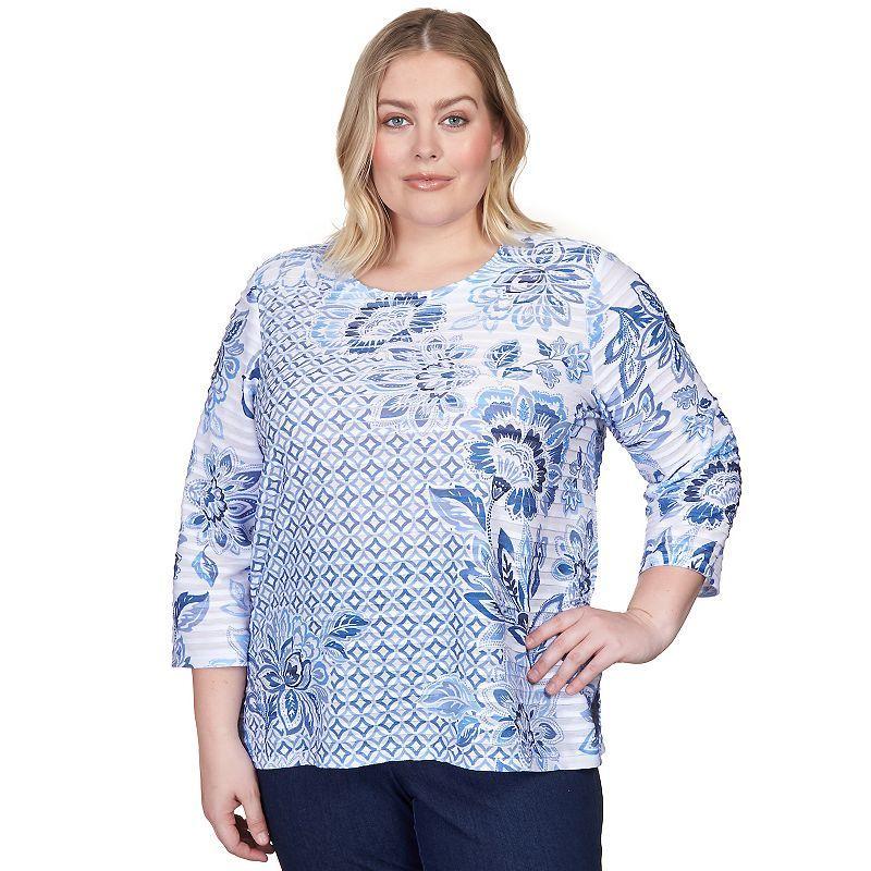 Alfred Dunner Plus Size Lavender Fields Geo Floral Printed Ruffle Top Product Image
