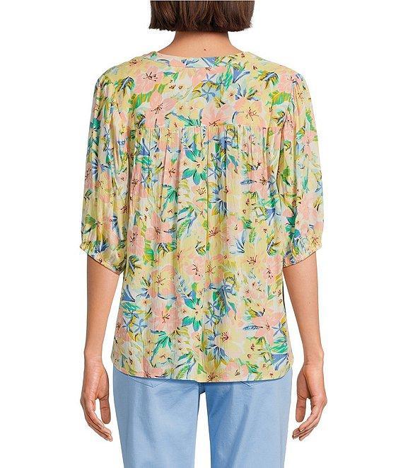 Crinkle Gauze Floral Crew Neck Elbow Sleeve Smocked Detail Button-Front Blouse Product Image