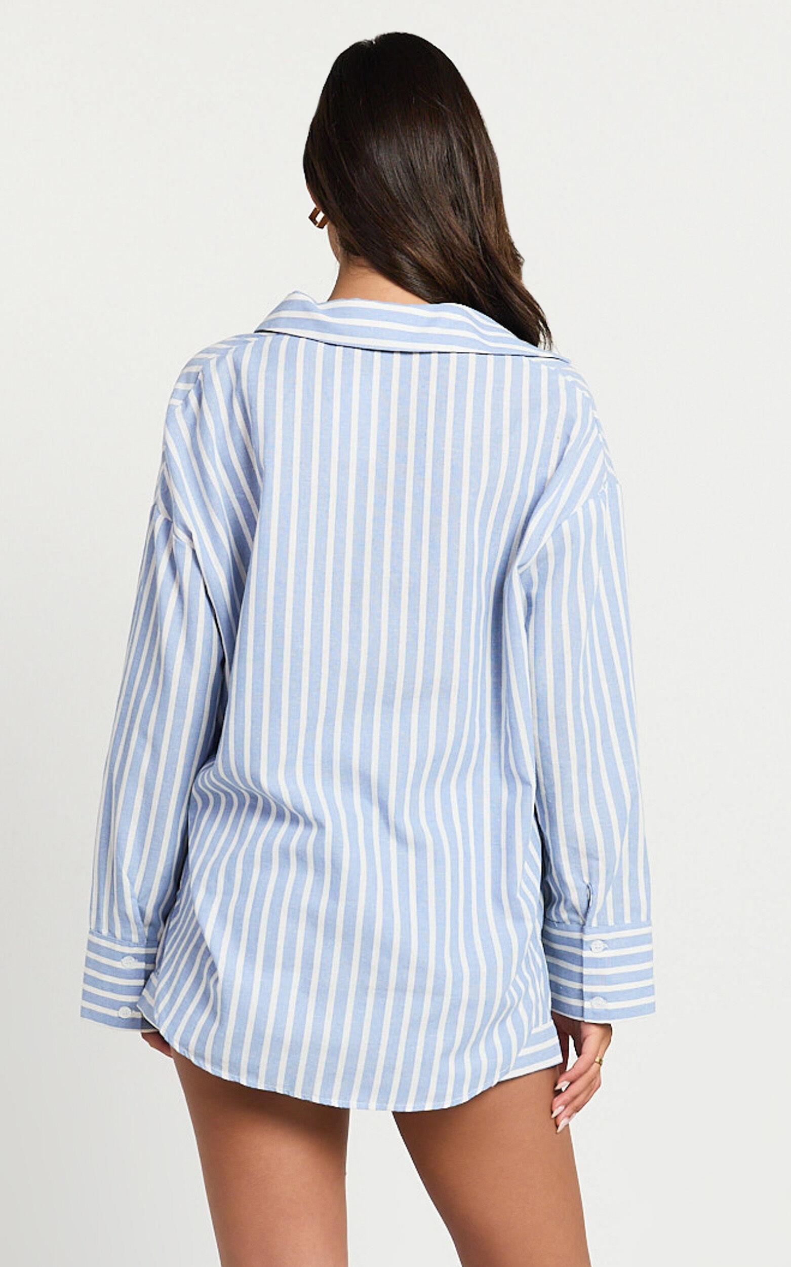 Tori Top - Oversized Button Down Stripe Shirt in Light Blue Stripe Product Image