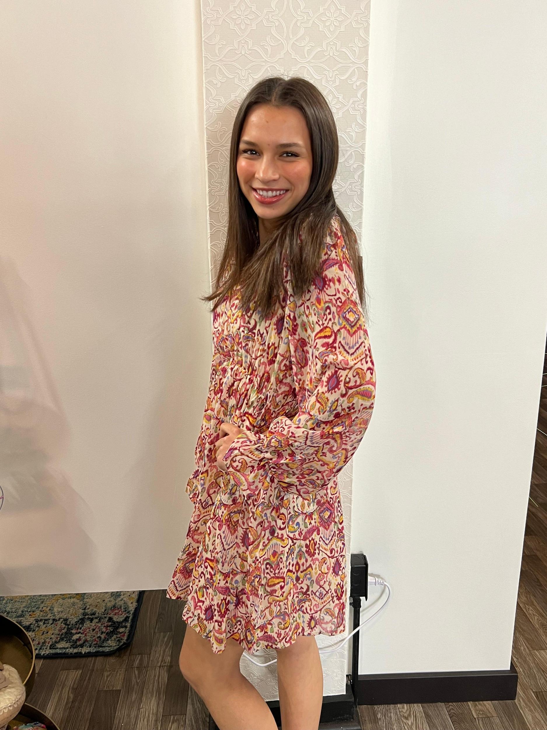 Women's Long Sleeve V-Neck Floral Printed Woven Mini Dress Product Image