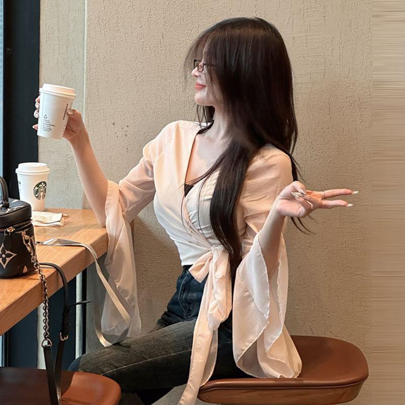 Long Sleeve V-Neck Plain Crop Blouse Product Image