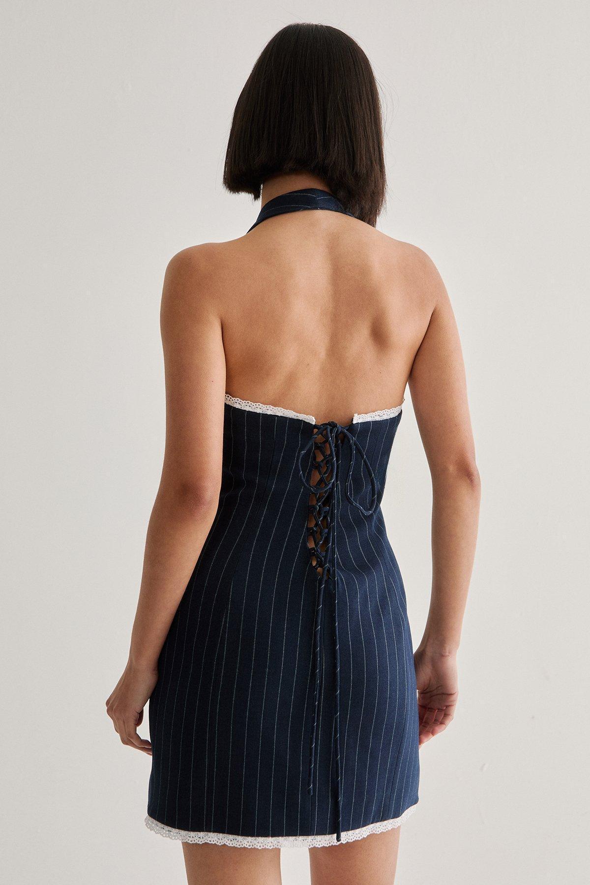 Pinstripe Lace Trim Tailored Waistcoat Dress Product Image