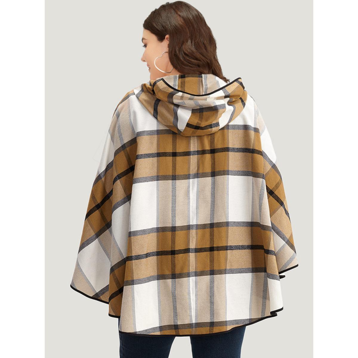 Plus Size Plaid Duffle Button Hooded Cape Coat Women Bronze Casual Button Loose Ladies Dailywear Winter Coats BloomChic 22-24/3X Product Image
