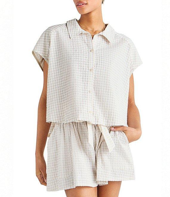 Splendid Gabrielle Crinkle Gingham Collar Neck Short Sleeve Button Front Top Product Image
