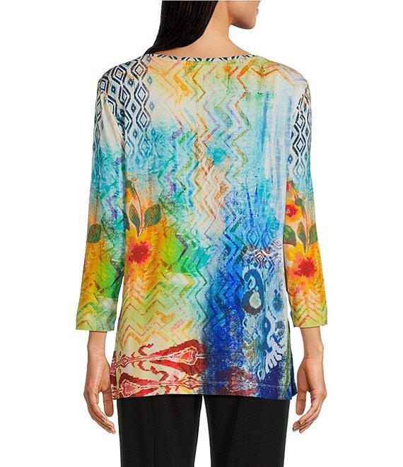 Ali Miles Knit Abstract Print Boat Neck 3/4 Sleeve Top Product Image