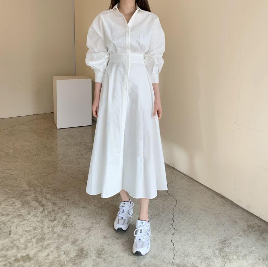 Long-Sleeve Plain Midi A-Line Shirt Dress Product Image