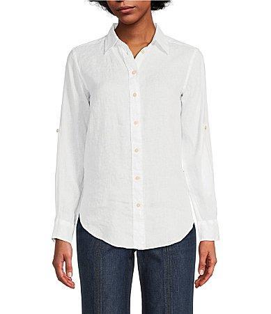 Lauren Ralph Lauren Point Collar Long Roll-Tab Sleeve Button Front Linen Shirt Product Image
