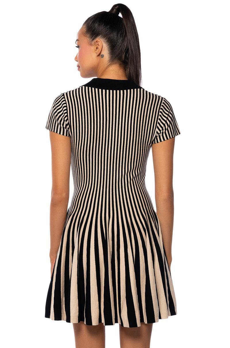 ALINA PLEATED KNIT FIT AND FLARE MINI DRESS IN BLACK MULTI Product Image