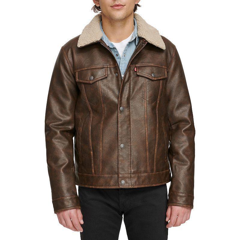 Men's Levi's® Faux Leather Sherpa Collar Trucker Jacket, Size: Large, Black Product Image