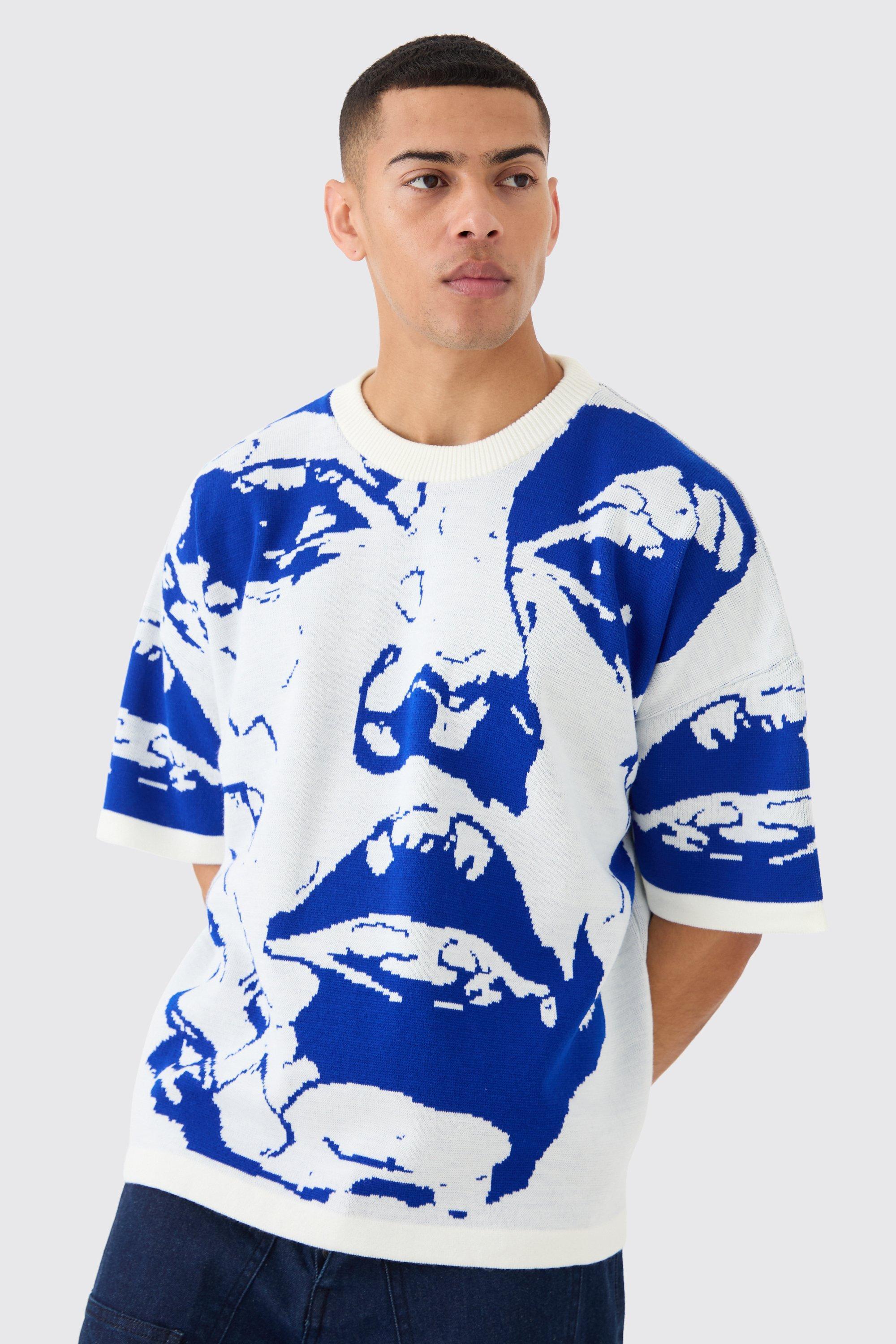 Mens Oversized Line Drawing Knitted T-shirt - Blue Product Image
