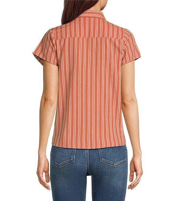 Aventura Aubrey Stripe Print Woven Spread Collar Cap Sleeves Button Front Top Product Image