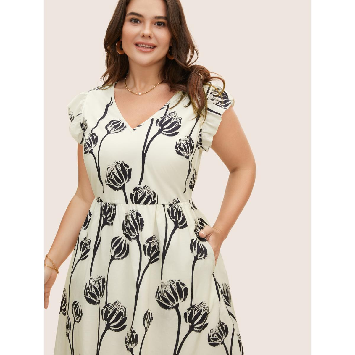 Plus Size V Neck Floral Print Ruffle Cap Sleeve Dress WhiteSmoke Women Elegant Ruffles V-neck Cap Sleeve Curvy BloomChic 14-16/1X Product Image