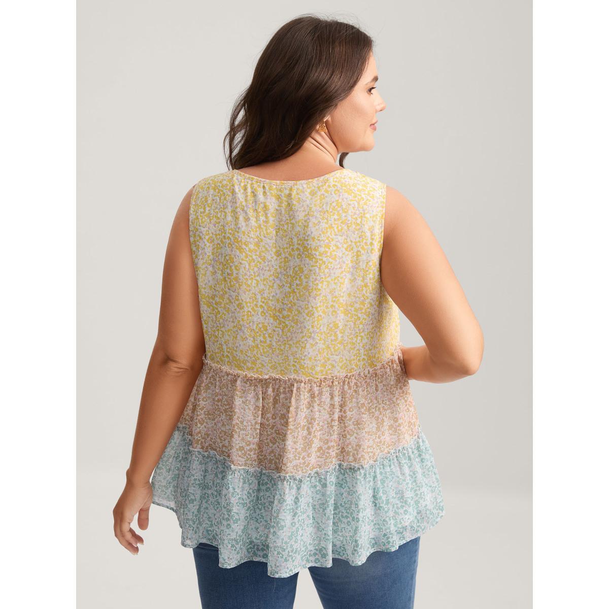 Plus Size Chiffon Color Block Tiered Tank Top Women Multicolor Gathered Round Neck Everyday-Elegant Tank Tops Camis BloomChic 14-16/1X Product Image