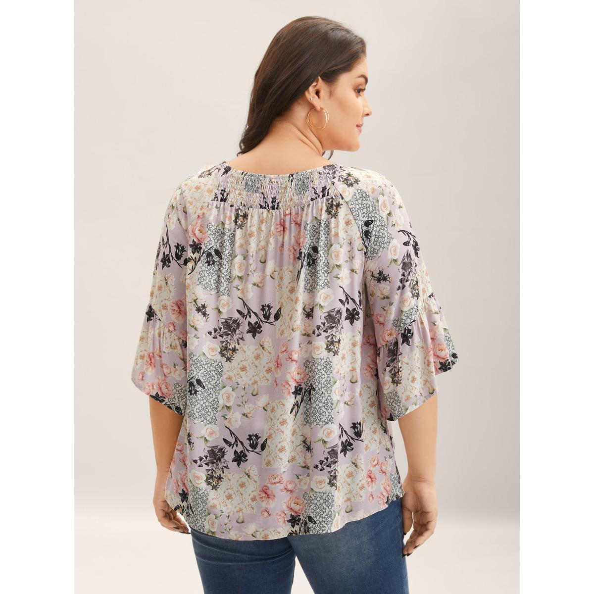 Plus Size Multicolor Floral Shirred Neck Flowy Blouse Women Elbow-length sleeve Round Neck Everyday-Elegant Blouses BloomChic 18-20/2X Product Image