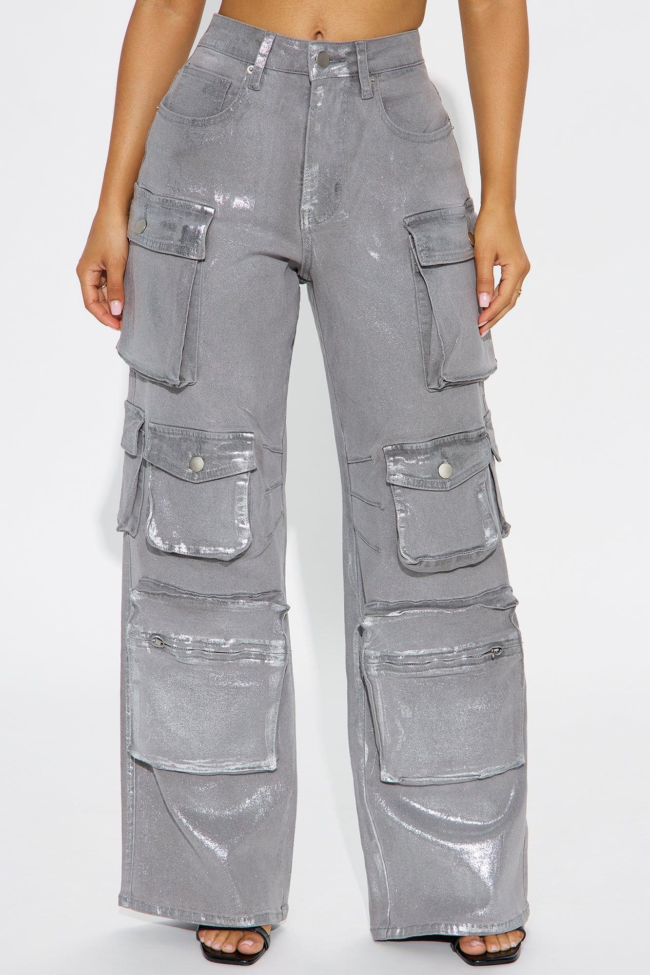 Petite Time To Shine Foil Baggy Cargo Jeans - Silver Product Image