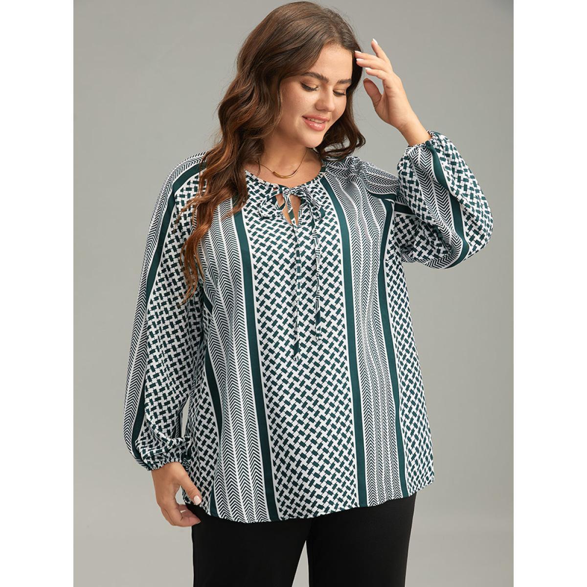 Plus Size Teal Geo Striped Tie Lantern Sleeve Blouse Women Resort Long Sleeve Tie Neck Vacation Blouses BloomChic 12/L Product Image