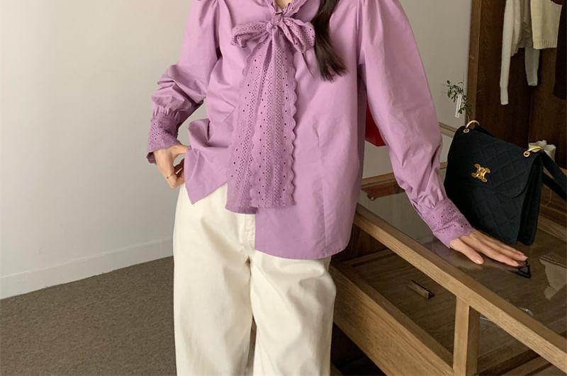Long Sleeve Tie Neck Plain Lace Trim Blouse Product Image