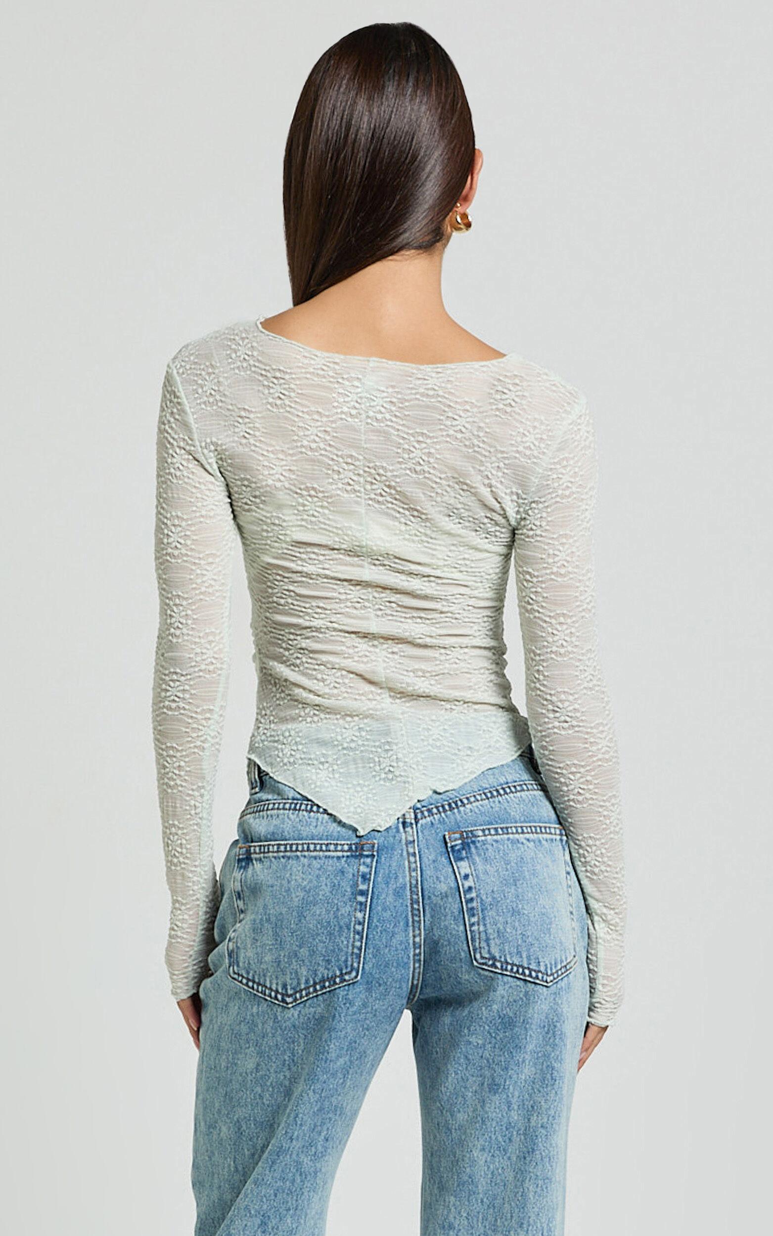 Ellie Top - Asymmetrical Sheer Lace Top in Silver Sage Product Image