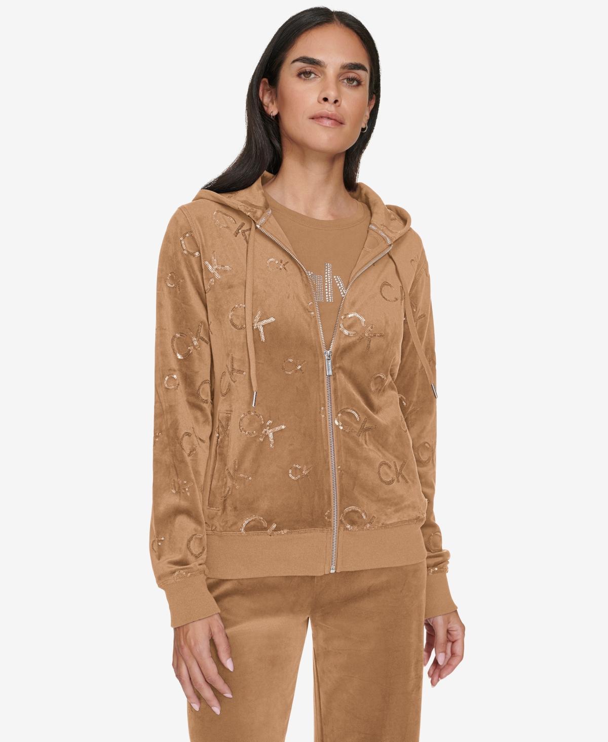 Calvin Klein Womens Sequin-Logo Velour Zip-Front Hoodie Product Image