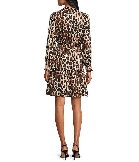 Anne Klein Leopard Print V-Neck Satin Long Sleeve Tiered Dress Product Image