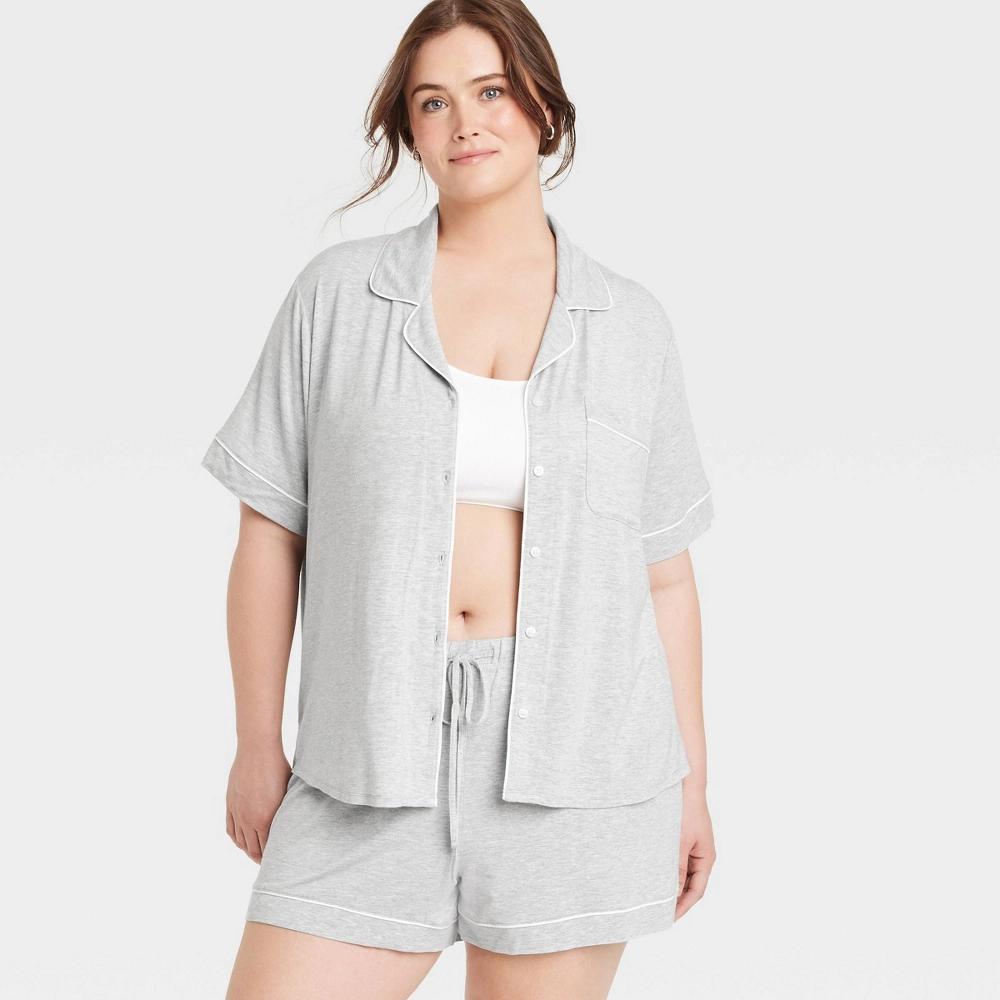 Womens Cloud Knit Short Sleeve Notch Collar Top and Shorts Pajama Set - Auden Heathered 2X: Modal-Spandex Blend, Front Button Down Product Image