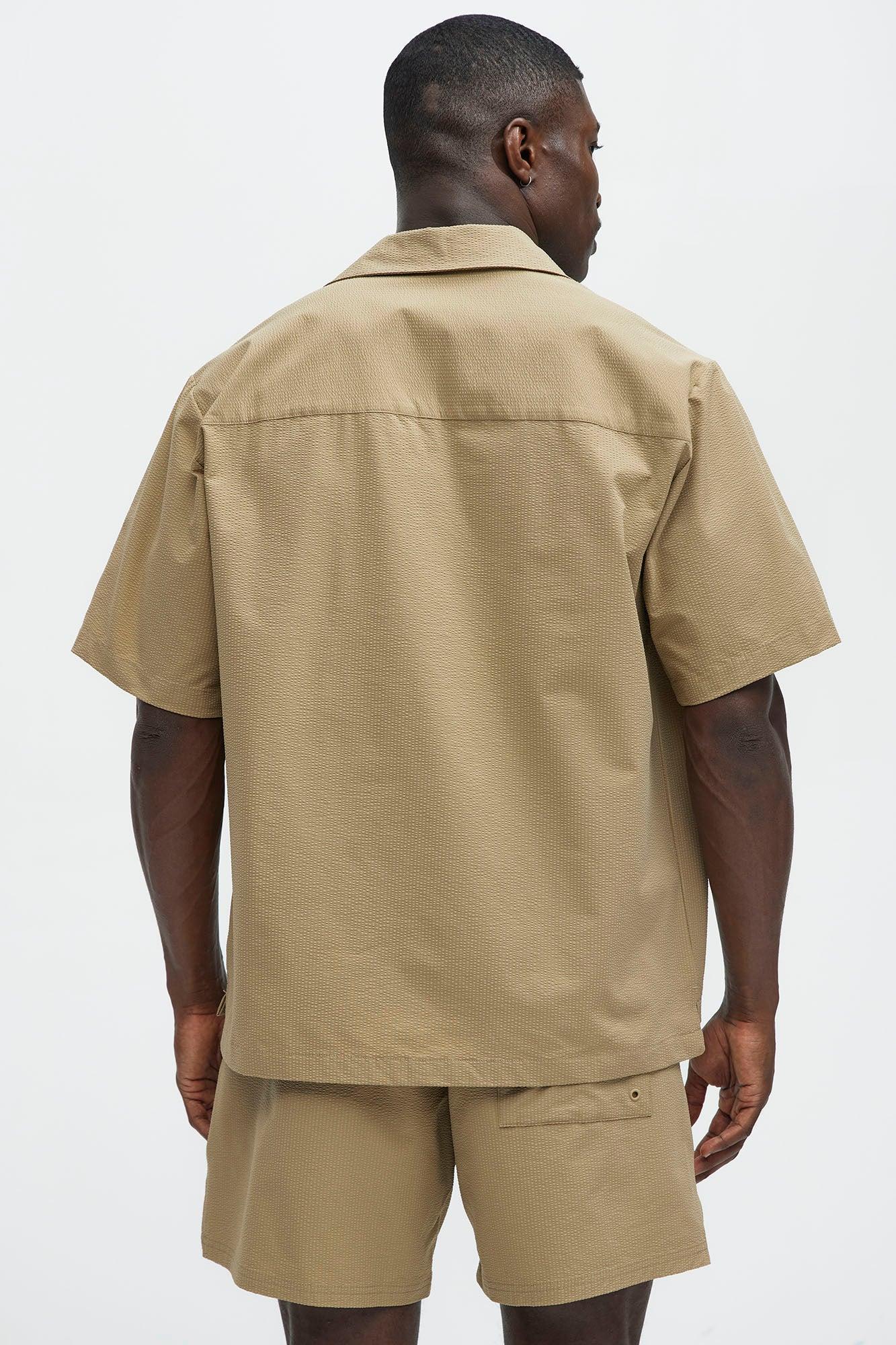 Seersucker Short Sleeve Cuban Collar Shirt - Khaki Product Image